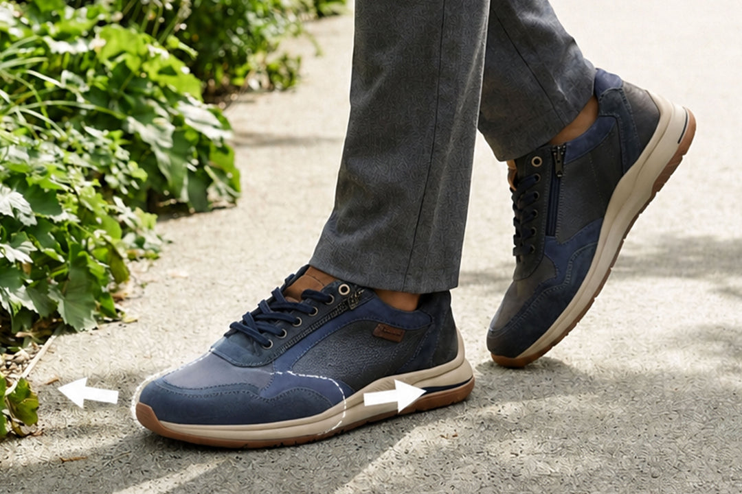 Blaue Sioux Mehrweiten-Sneaker mit seitlichen Reißverschlüssen und markiertem dehnbarem Vorfußbereich für mehr Platz und Komfort.