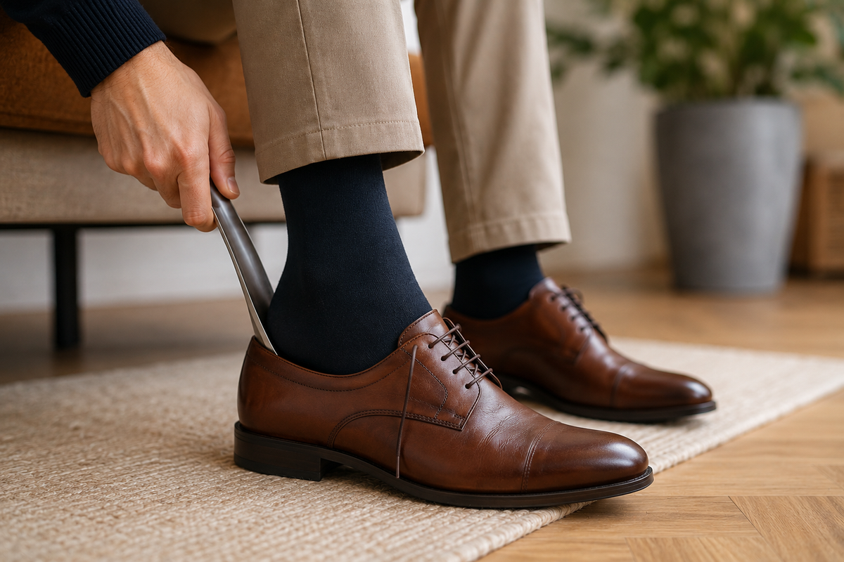 Person zieht einen braunen Lederschnürschuh mithilfe eines Schuhanziehers an.