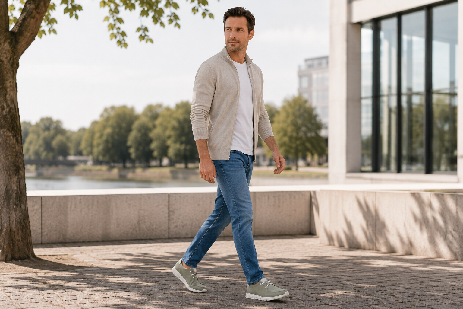 Mann geht in bequemen grünen Sioux Schuhen über eine sonnige Promenade – Bewegung für aktive und gesunde Füße.