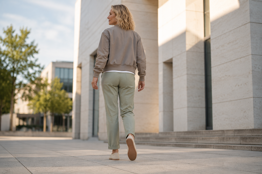 Frau beim natürlichen Gehen von hinten auf einem urbanen Platz, bekleidet mit heller Hose und beigen Sioux-Loafern.