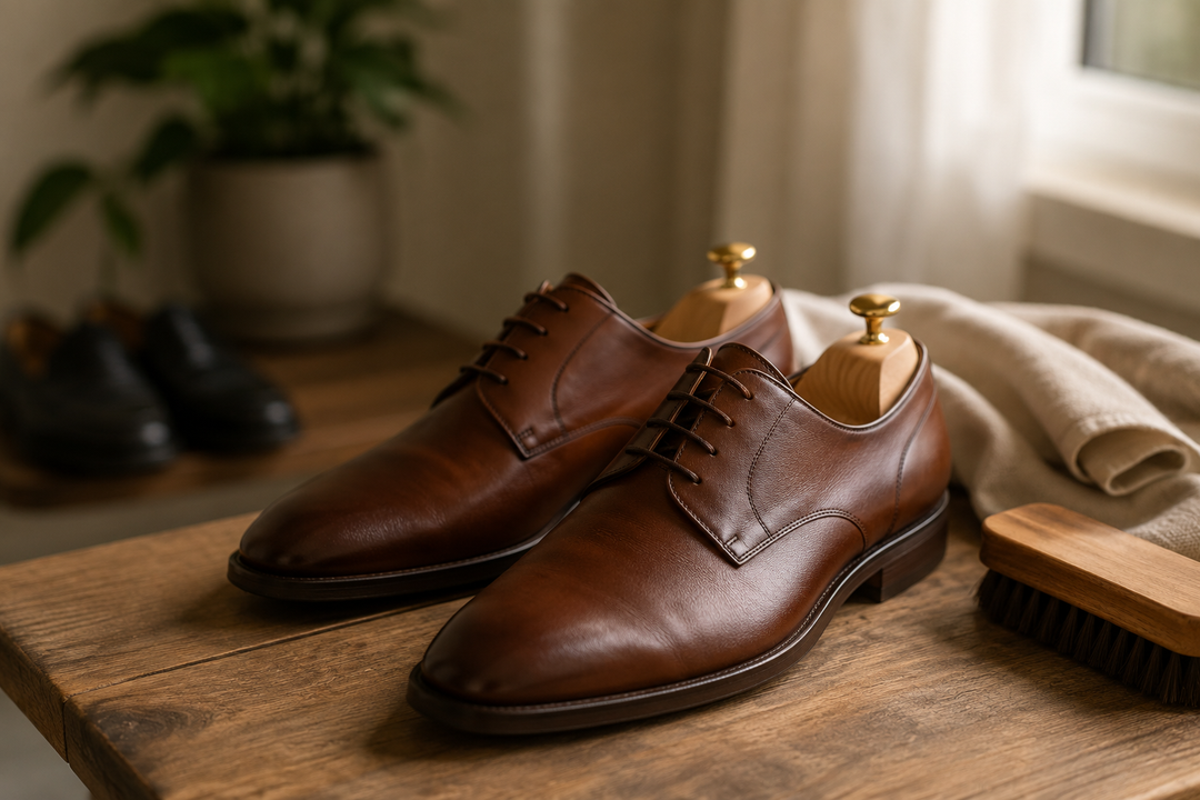Braune Lederschuhe mit Schuhspannern auf einem Holztisch, daneben Schuhbürste und Pflegetuch in warmer, wohnlicher Atmosphäre.