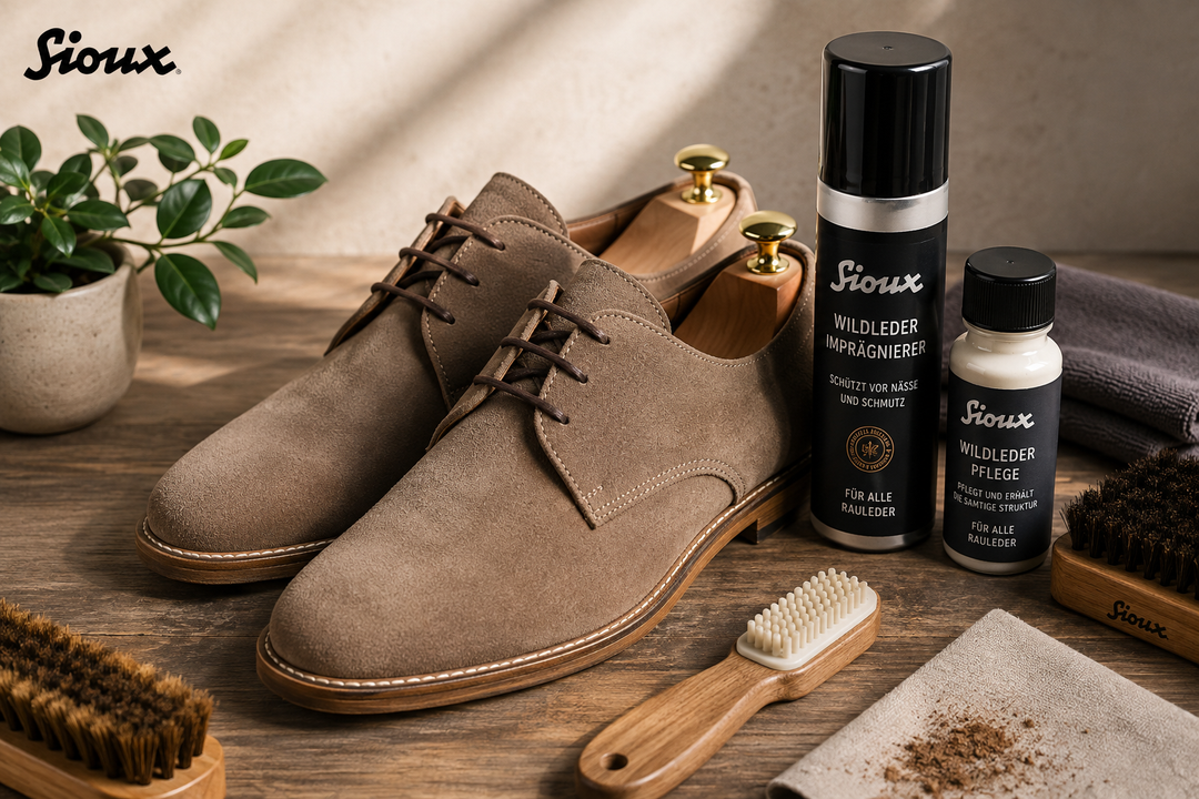 Wildlederschuhe von Sioux mit Bürsten, Pflegetuch und Pflegeprodukten zur Reinigung und Imprägnierung auf einem Holztisch.
