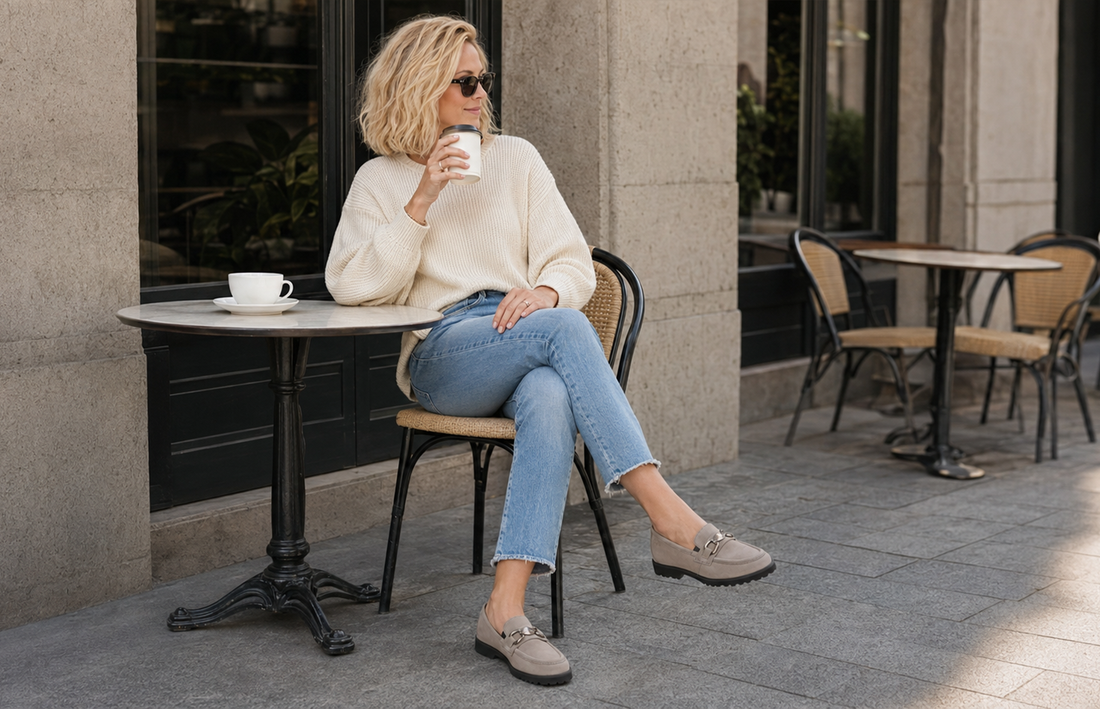 Frau im Café trägt beige Sioux Damen Loafer zu heller Jeans und Strickpullover.