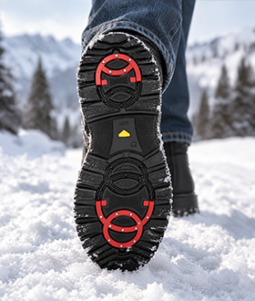Sioux Mornay 700 TEX Winterboot mit Stahlspikes an der rutschfesten Sohle, getragen beim Gehen im Schnee